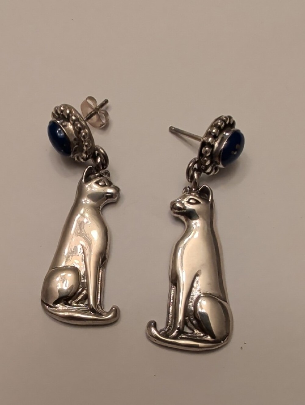 Sterling Silver Cat Dangle Earrings with Blue Stone - Picture 6 of 8